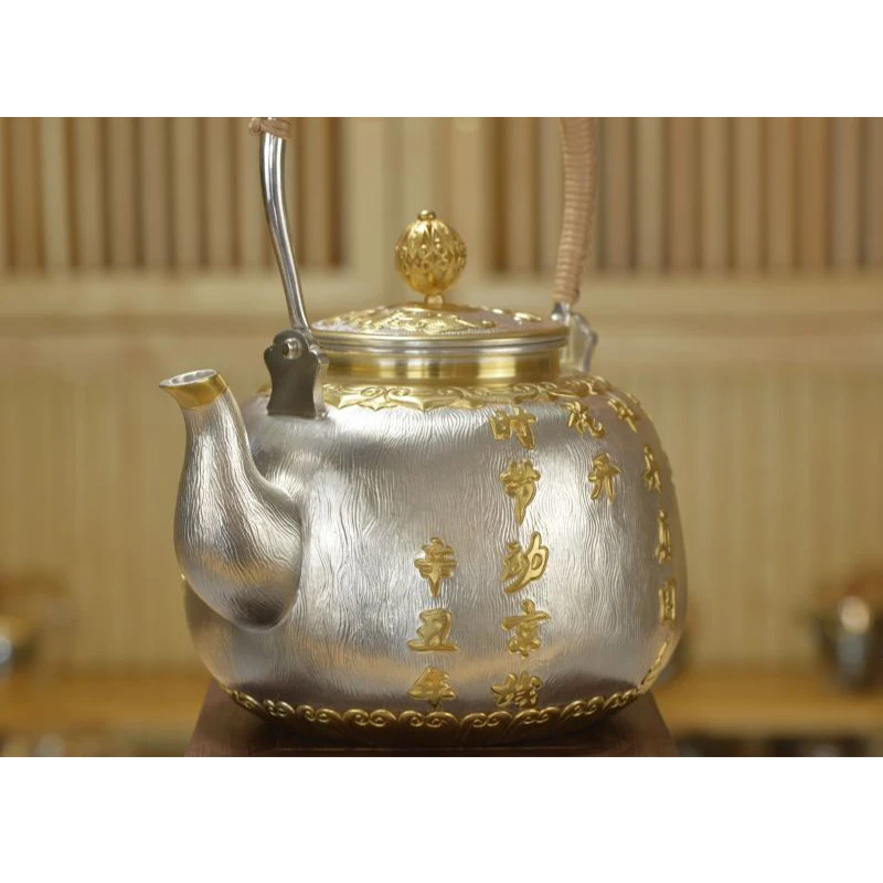 Silver pot 999 sterling silver handmade tea set Japanese retro teapot kettle home tea ceremony Kungfu tea set 1200ml