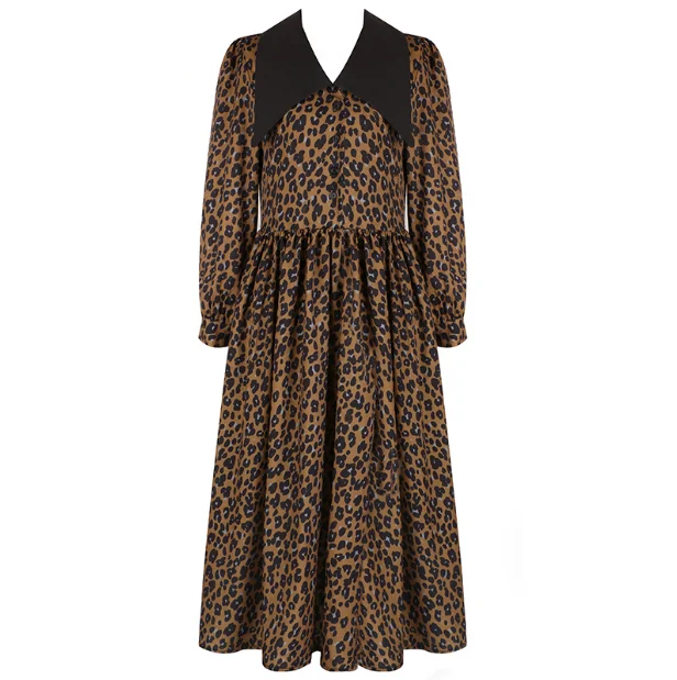

020 Spring-aged baby doll with navy collar color matching mid-length leopard chiffon dress T3748