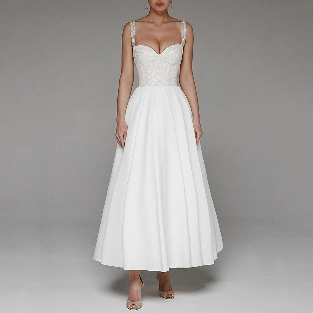 Abito da sposa per feste con corsetto civile una linea spalline stringate abito da sposa semplice bianco senza maniche alla caviglia abiti Novia