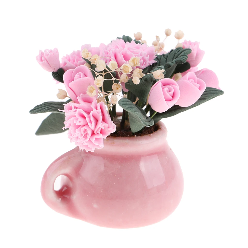 Bouquet de Fleurs Miniatures dans un Vase en Verre, Accessoire de Décoration pour Chambre de Maison de Poupées, 1/12ème