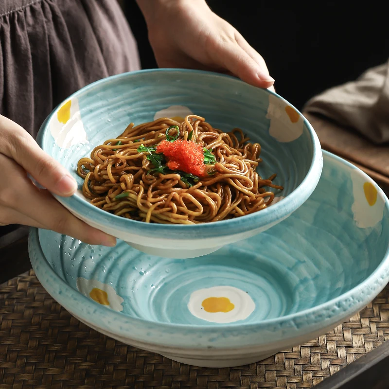 Ceramic Bowl Tableware Japanese Style Blue Flower Rice Bowl Household Ramen Bowl Fruit Salad Bowl Kitchen Restaurant Supplies