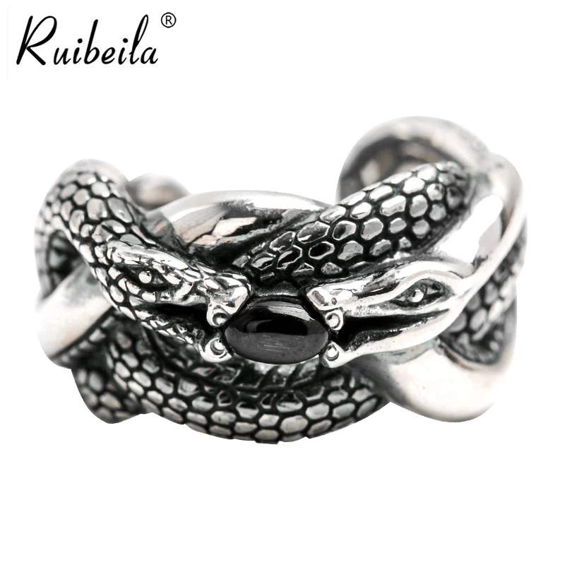 

Snake ring black agate Ruibeila personality male dominant 925 sterling silver opening adjustable silver ring vintage