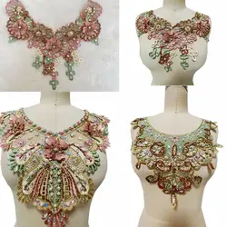 Handmade rhinestones pearl multicolored Three-dimensional lace patches trim applique for dress clothes neckline