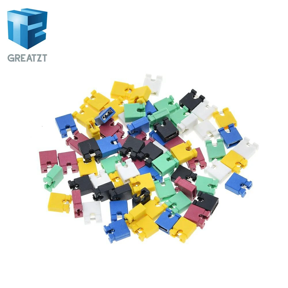 GREATZT 100PCS Pitch jumper shorted cap & Headers & Wire Housings 2.54MM SHUNT Black yellow white green red blue