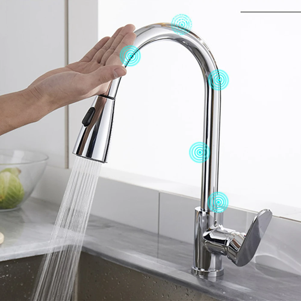 

Smart Touch Sensor Faucets For Kitchen Sink Chrome Brass Pullout Hot And Cold Water Mixer Faucet 2 Mode Sprayer 360 Rotation