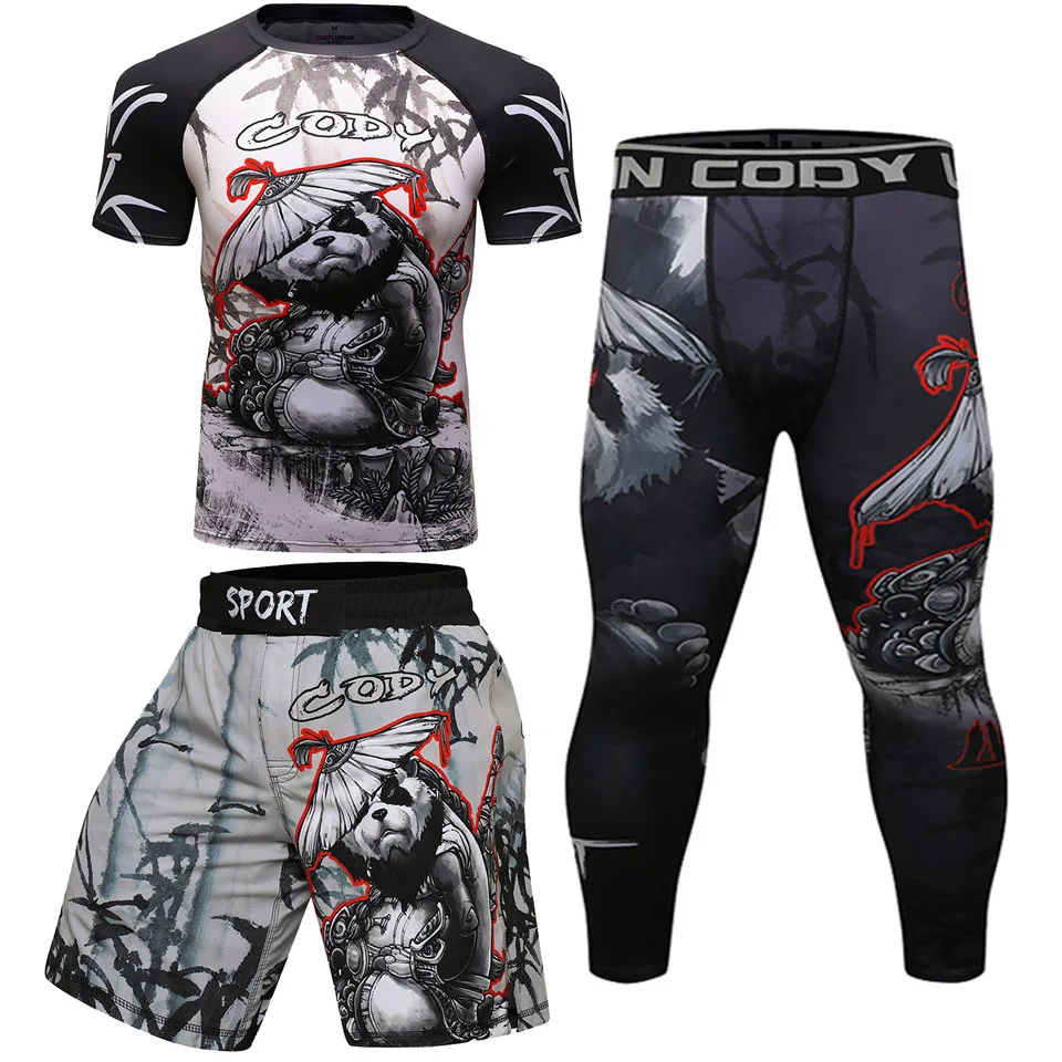 Brand New Men Gym Suits Fighting panda Sportswear Compression MMA Suits Running Fitness Tight Sport Suit Outdoor Jogging set