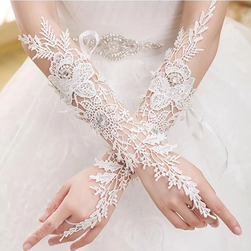 Elegant White Fingerless Elbow Long Lace Bridal Gloves Crystal Wedding Gloves for Bride Women Wedding Accessories