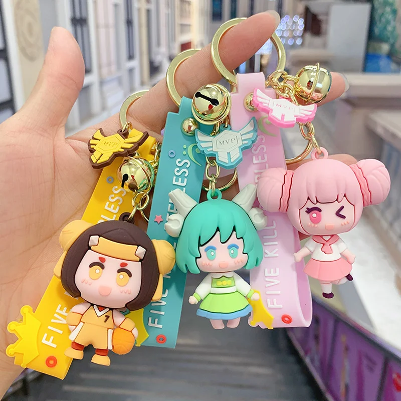 New Creative Cartoon Game Girl Metal Keychain Green Yellow Pink Blue Purple Doll Car Keyring Bag Couple Pendant Soft Lanyard