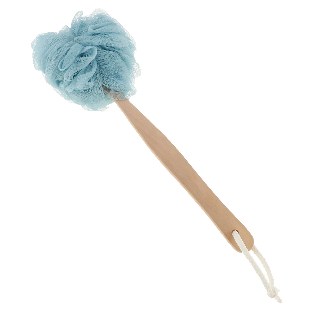 Long Handle Mesh Pouf Bath Sponge, Shower Body & Back Scrubber on a Stick with a Wood Handle for Men & Women, Easy to Reach