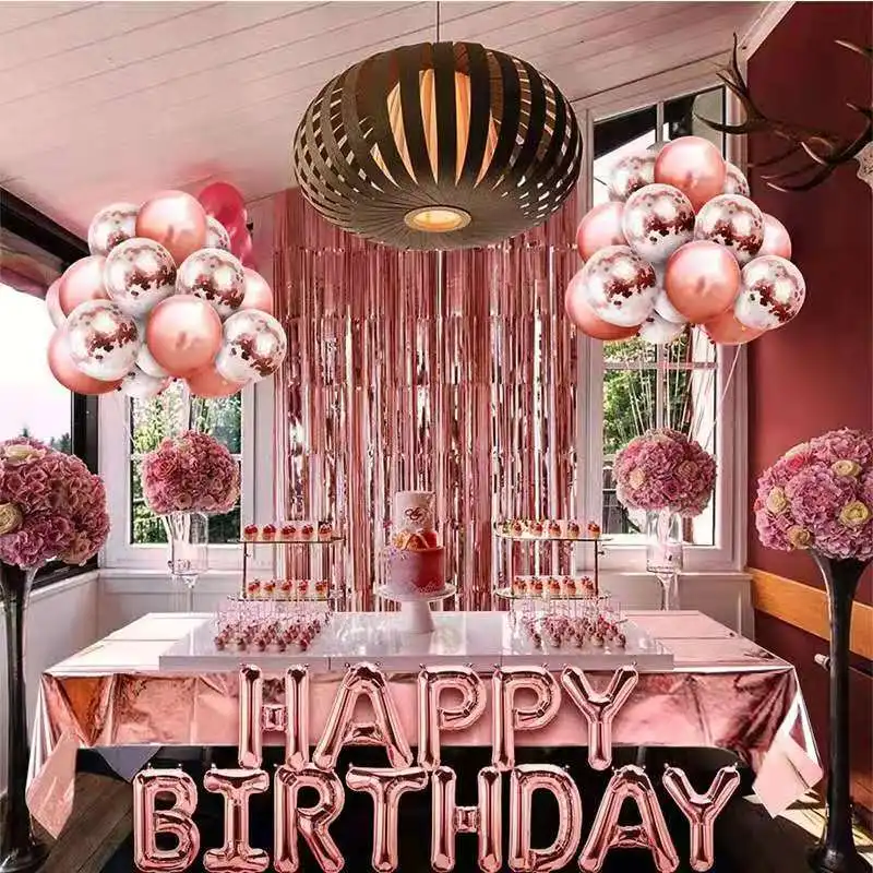 46pcs Rose Gold Birthday Decoration Set Happy Birthday Balloon  Birthday Party Decor Kids Rainsilk Tablecloth Baby Shower