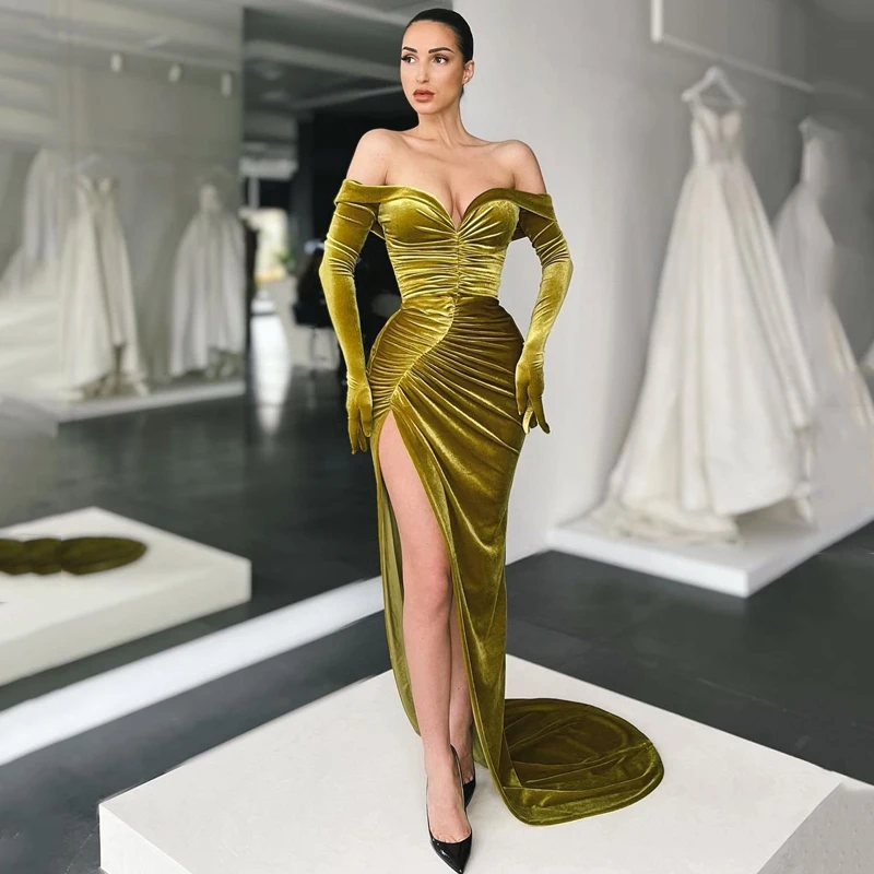 

Thinyfull Sexy Mermaid Evening Dress Morocco Velvet Off The Shoulder Prom Dresses Split Saudi Arabia Night Party Gowns Plus Size