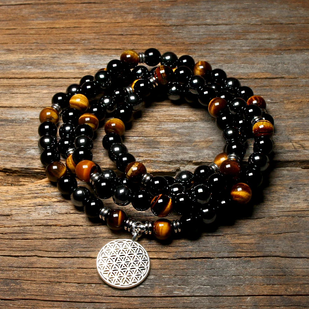 Natural Tiger Eye Spiritual 108 Mala Bracelets Women Men Revelation 8MM Hematite Beads Bracelet Yoga Meditation Charm Jewelry