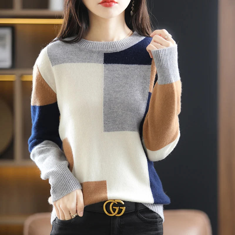 

Trend Women's Clothing Autumn and Winter Pure Wool Sweater Ladies New Round Neck Pullover Color Matching Knitted Tops All-Match