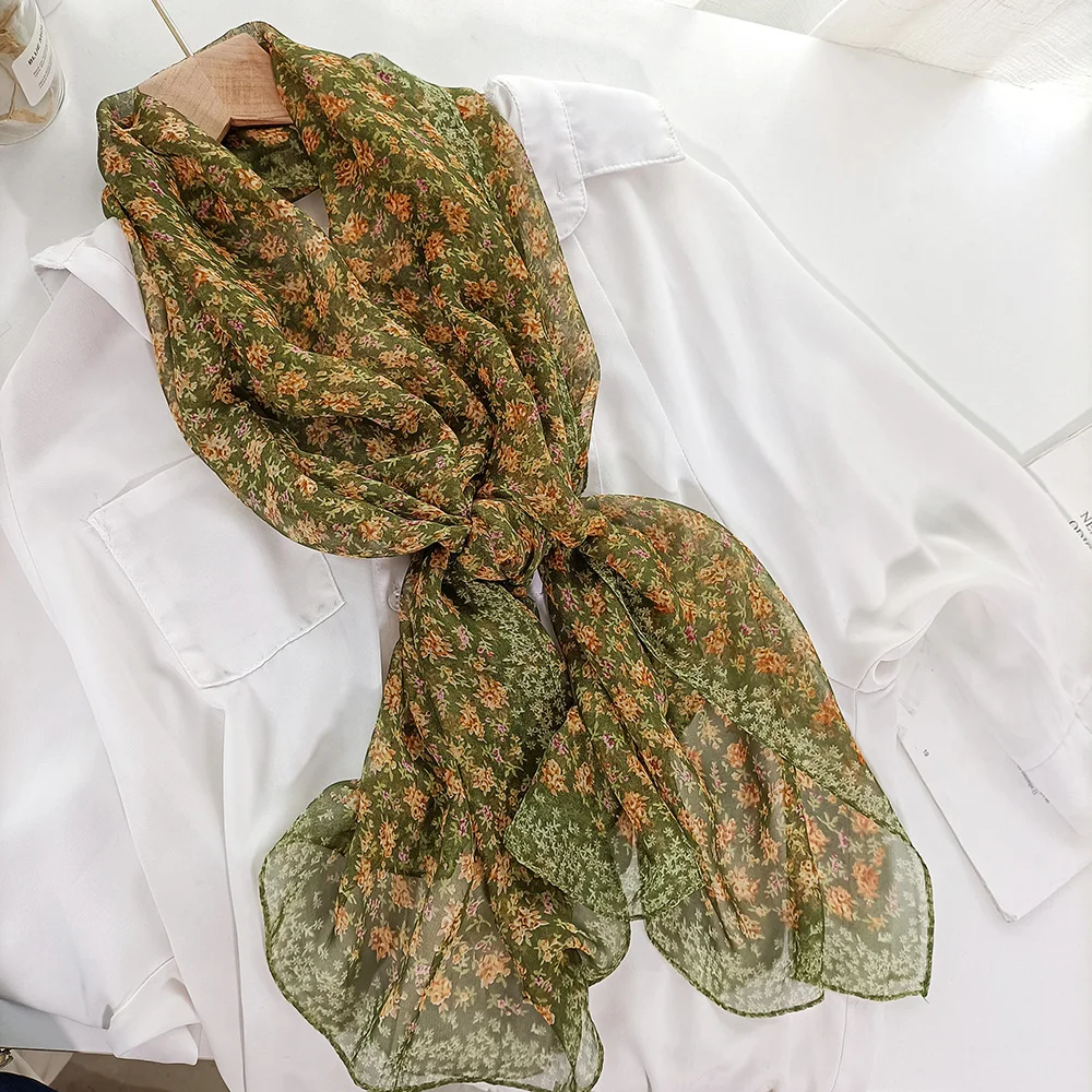 Silk Scarf Woman Spring  Summer Mother Day Gift Light Soft Scarves Long Small Wraps Floral  Chiffon Sunscreen Shawl