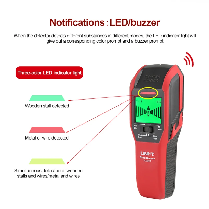 UNI-T Metal Detector 4 dell\'analizzatore della parete di UT387C in 1 calibrazione del cicalino dell\'esposizione LCD di rame del cercatore del perno