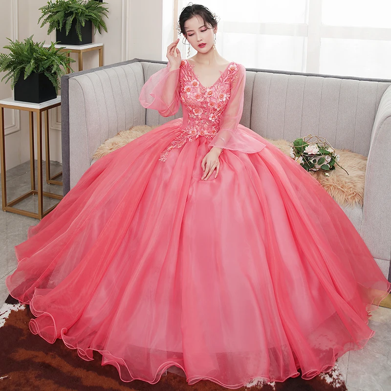 Quinceanera Dresses 2022 Vestidos The Party Prom V-neck Long Sleeve Ball Gown Luxury Lace Appliques Quinceanera Dress Host Dress