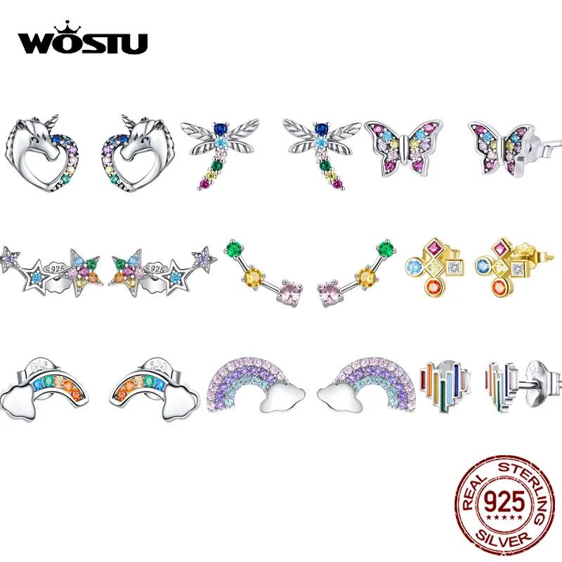 

WOSTU 925 Sterling Silver Colorful Stud Earrings Rainbow Unicorn Star Butterfly Earrings For Women Fashion Silver Jewelry Gift