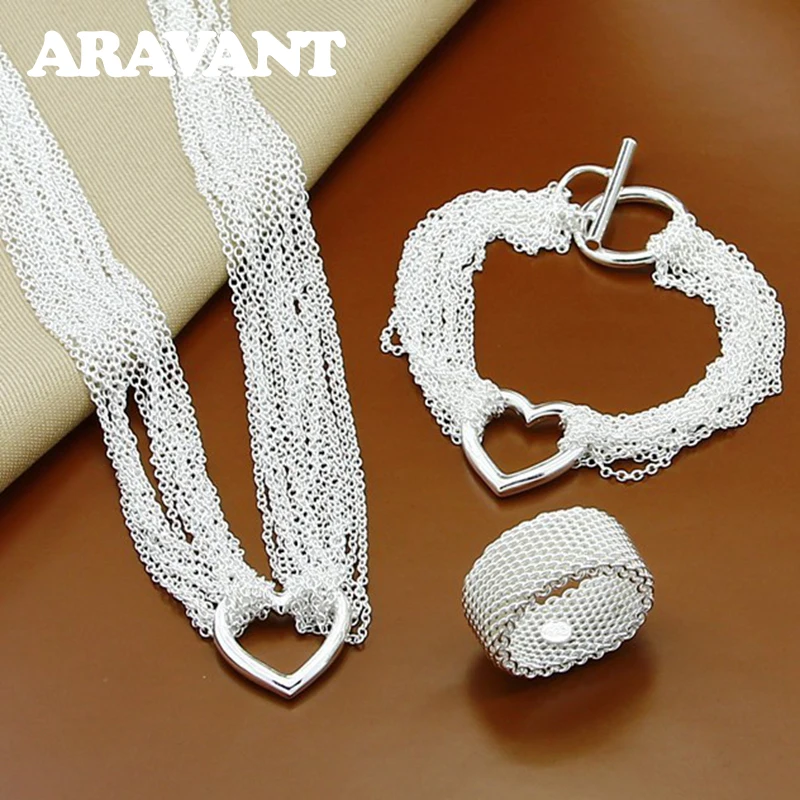 

Wedding Jewelry Sets For Women 925 Silver Heart Multi Layers Necklace Bracelet Chain Weave Ring Fashion Jewelry Set