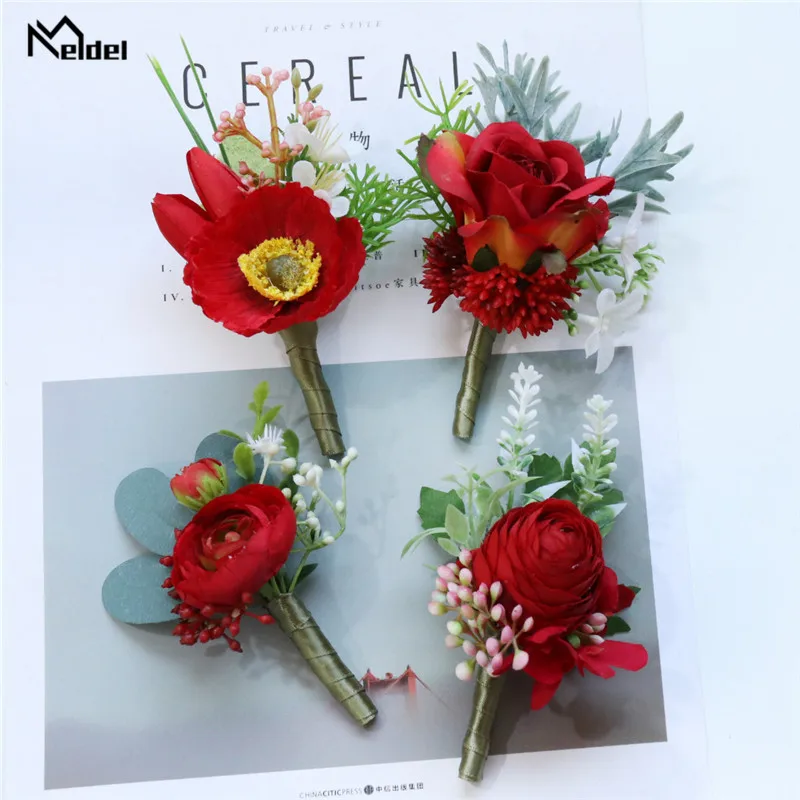 Meldel Groomsmen Boutonniere Bridesmaids Wrist Corsage Girl Bracelet Artificial Silk Rose Flower Wedding Party Man Corsage Decor