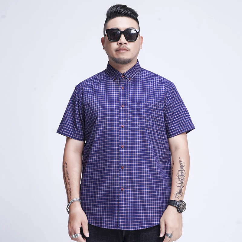 SHAN BAO 5XL 6XL 7XL 8XL Large Size Cotton Check Short Sleeve Shirt 2022 Summer Brand Business Casual Men\'s Loose Shirt