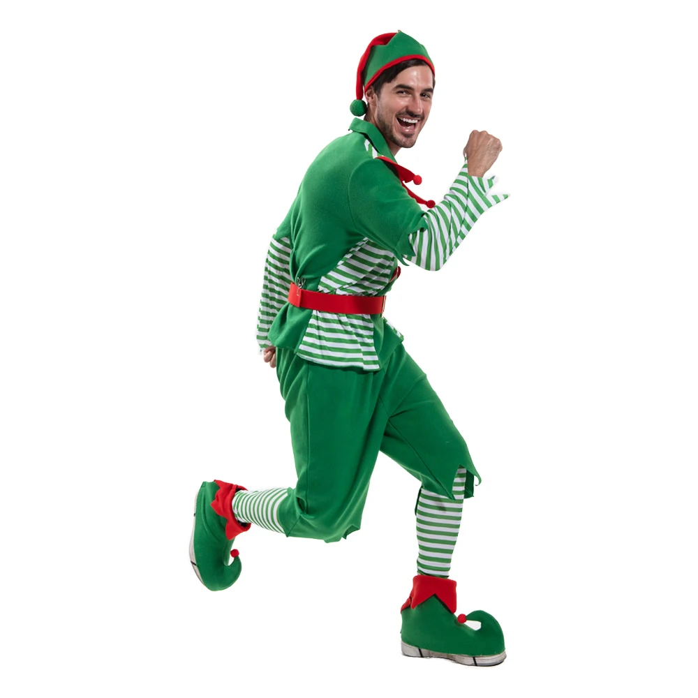 Deluxe Striped Christmas Elf Adult Cosplay Costume Men Women Santa Claus New Year Couple Suits