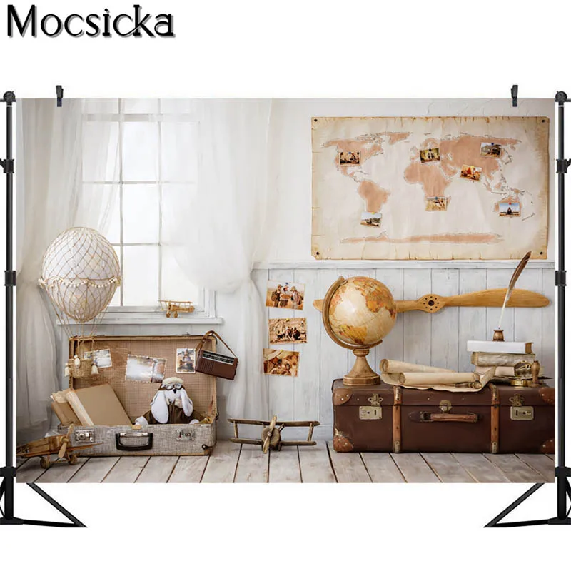 Mocsicka خريطة العالم السفر خلفيات للتصوير الفوتوغرافي حقيبة ديكور الأطفال كعكة عيد ميلاد سحق صور الدعائم استوديو كشك الخلفية