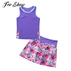 Conjunto de falda de Tenis para Niños y Niñas, traje deportivo, Top con espalda de nadador, pantalones cortos integrados, ropa deportiva para correr, gimnasio y Fitness