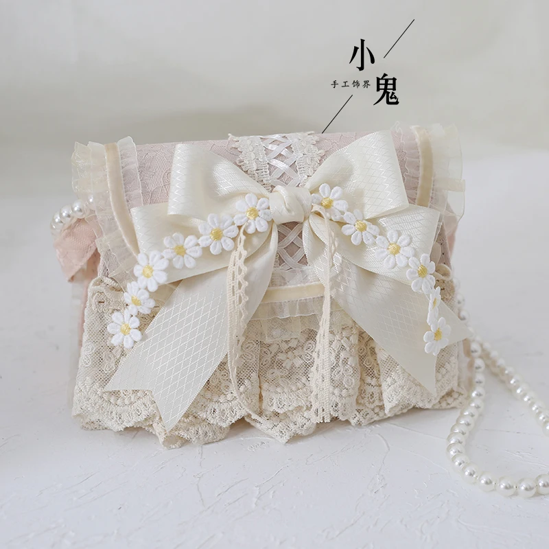 Original Lolita Mori Girl Lolita Elegant Daisy Handbags Pearl Chain Lace Chain Crossbody Bag