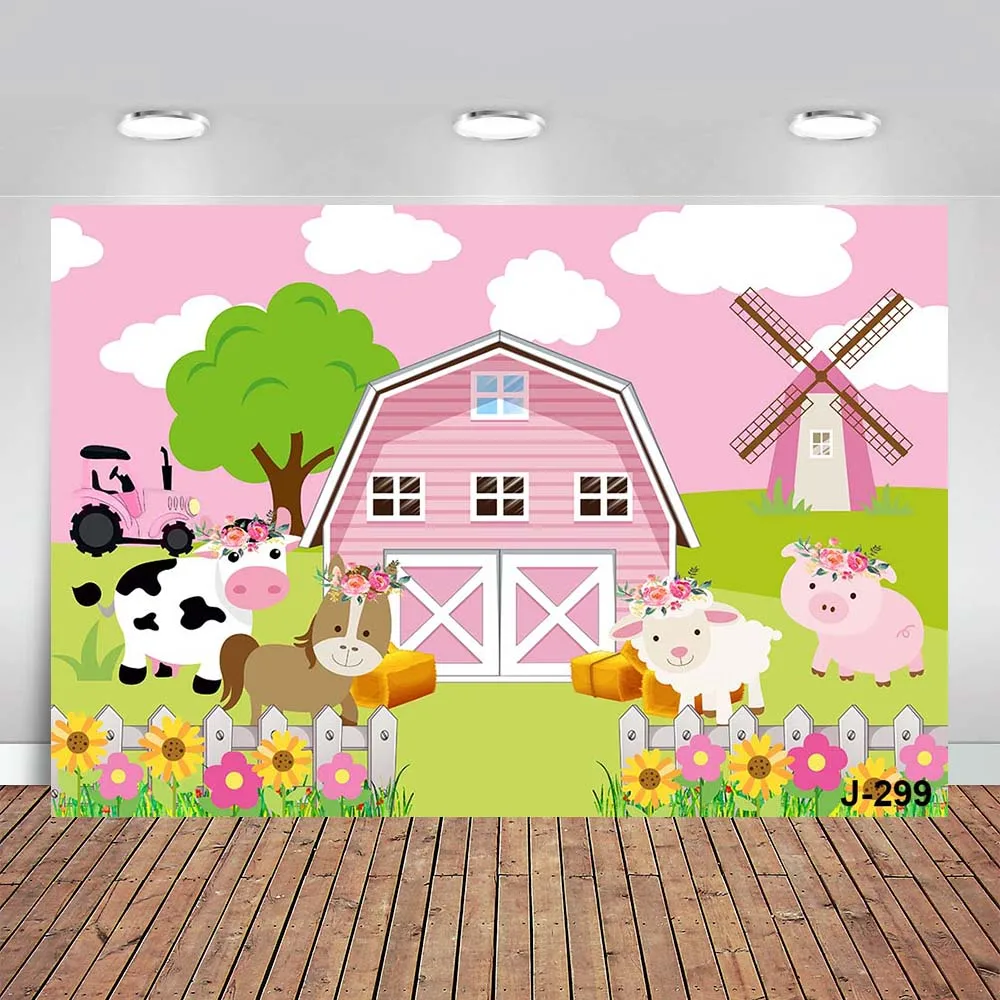 

Sunshine Farm Theme Photography Backdrop Pink Barn Animals Barnyard House Kids Birthday Background Photo Studio Supplies