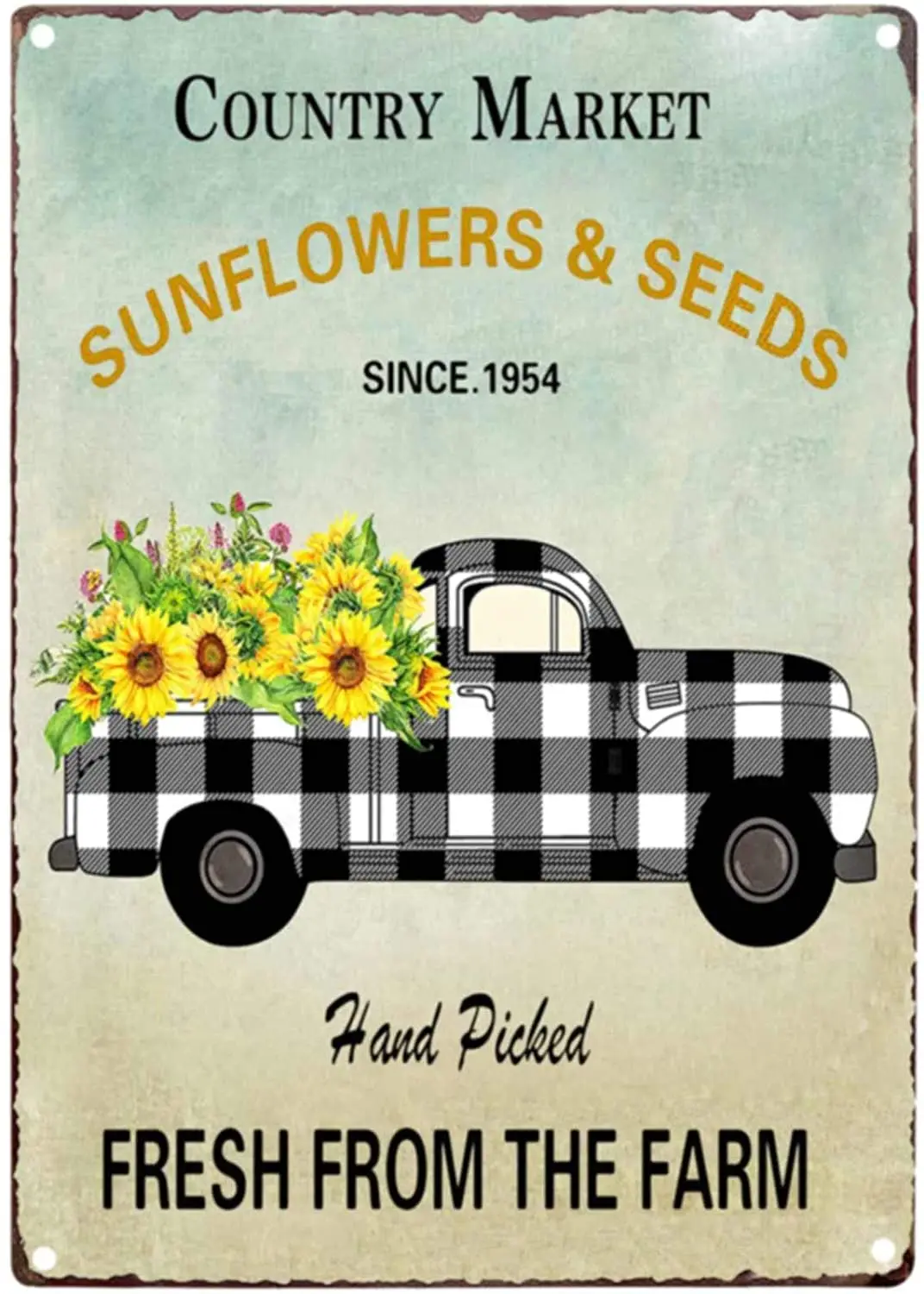 TISOSO Funny Truck Country Market Sunflower Seeds Vintage Tin Bar Sign Farmhouse Country Home Decor for Living Room Bedroom