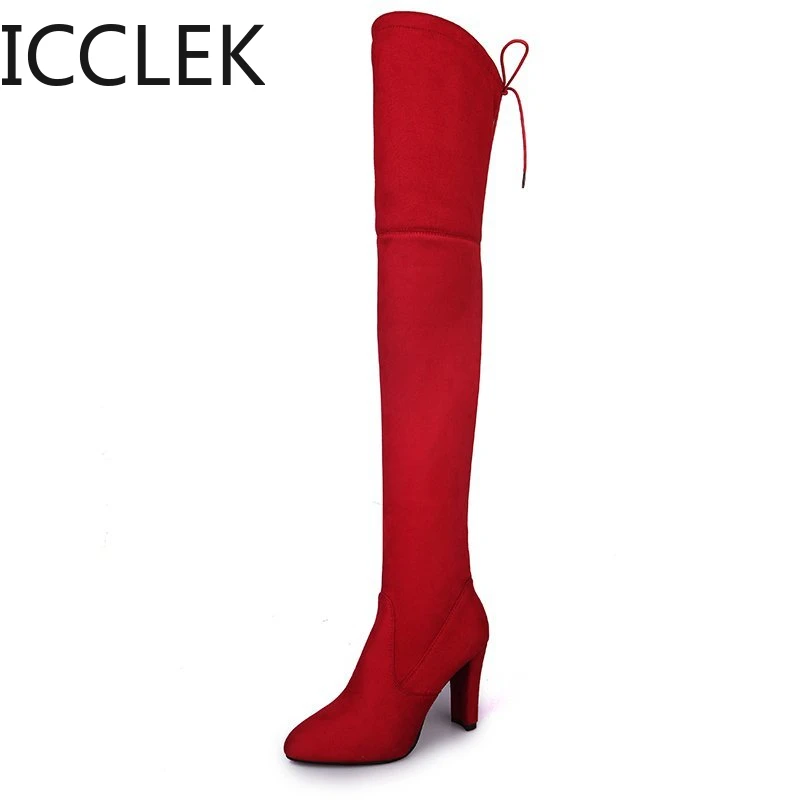 2021 Fashion Stretch Fabric Sock Boots Over-the-Knee Heel Thigh High Pointed Toe Woman Plus Size 35-43 High Heels Boot