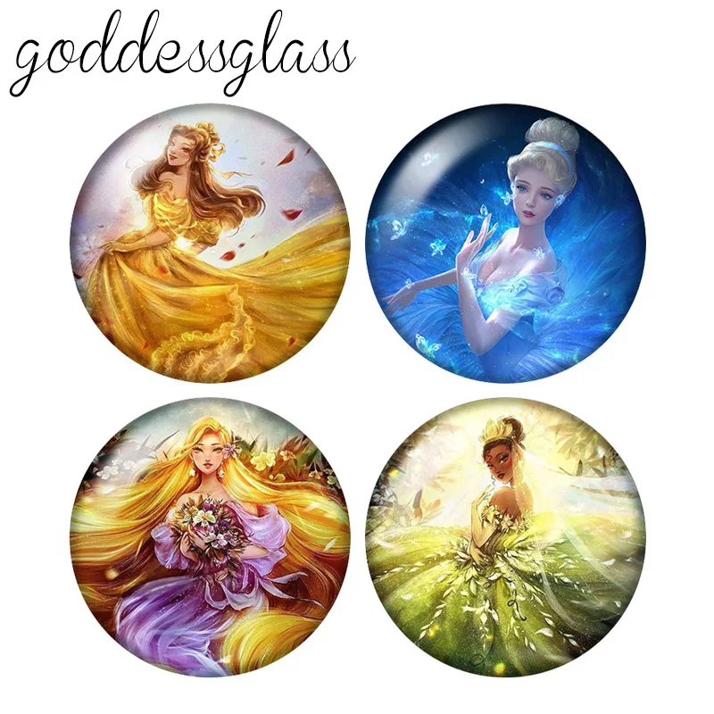 Disney Princesses Elsa Belle Tiana Alice 10pcs 12mm/18mm/20mm/25mm Round photo glass cabochon flat back Necklace Making findings