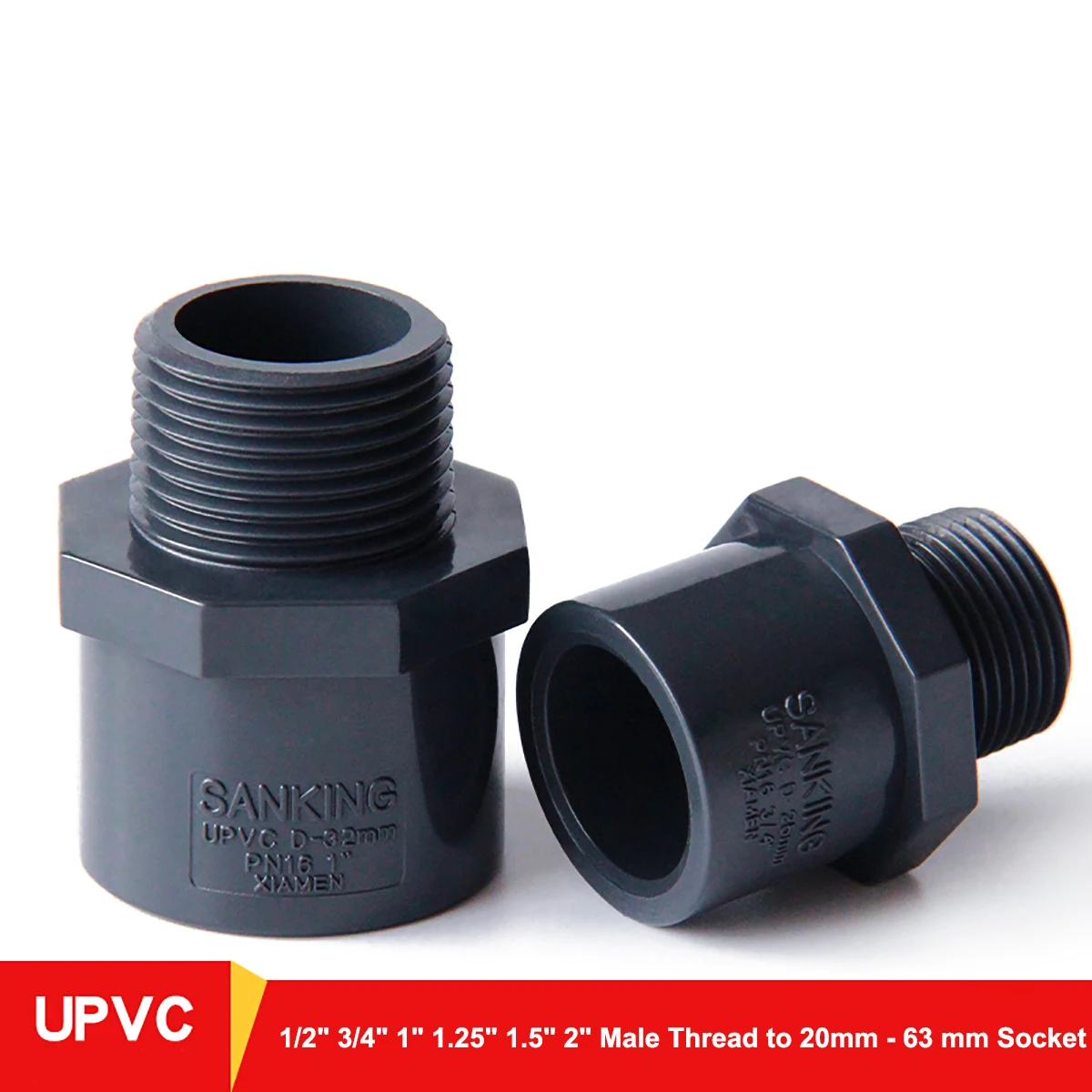 

1pcs Dark Grey UPVC 1/2"~2" Thread Connector 20/25/32/40/50/63mm PVC Water Pipe Fittings Garden Irrigation Aquarium Tube Adapter