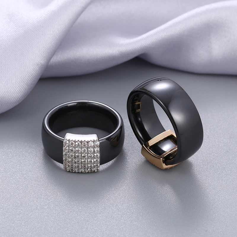 Luxury 8mm White Black Ceramic Rings Plus Cubic Zirconia For Women Rose Gold Silver Color Smooth Wedding Band Ring Gift For Men