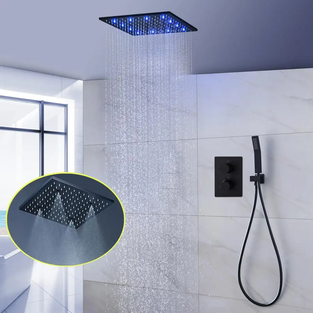 Bathroom Black Shower System 16 Inches Ceiling SPA Mist Rainfall Showerhead Panel 3ways Thermostatic Mixer LED Bath Faucets