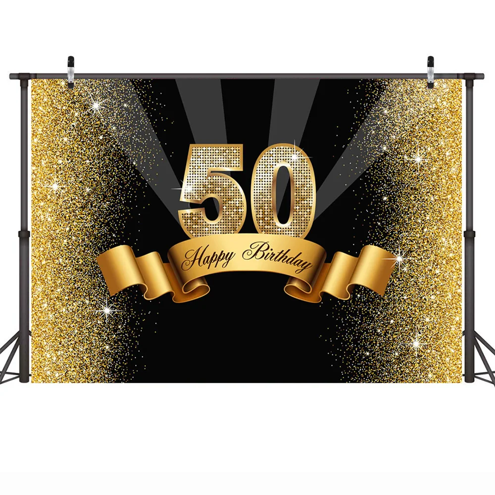 Toile de fond de photographie de fête d'anniversaire, toile de fond de paillettes dorées, ruban de réunion, studio photo, 30e, 40e, 50e, 60e anniversaire
