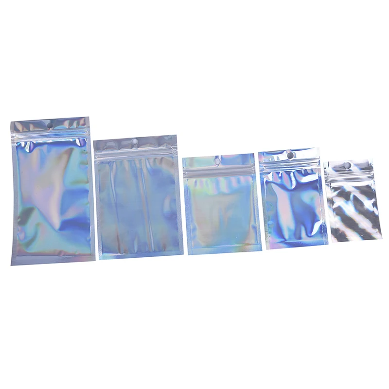 Hot！10pcs Iridescent Zip lock Pouches Cosmetic Plastic Laser Holographic Zipper Bags Self Seal Envelopes Gift Bags