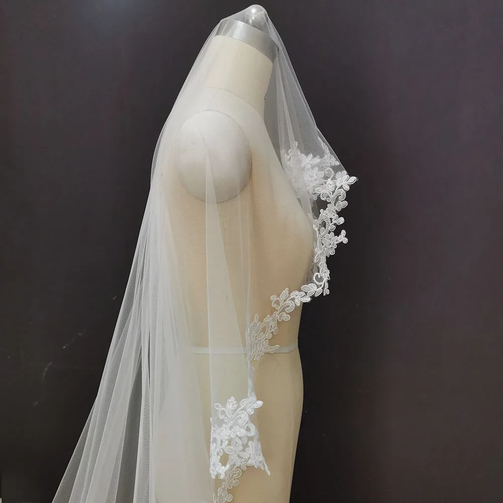 Real Photos 3.5 Meters Long Lace Wedding Veil WITHOUT Comb Soft Tulle White Ivory Bridal Veil Mantilla Veil Wedding Headpieces