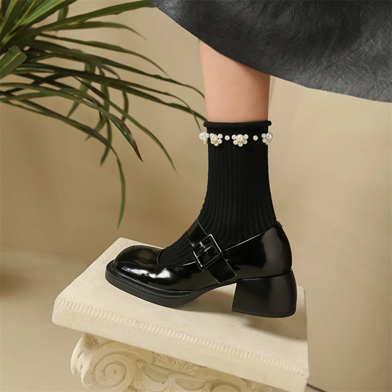 Décolleté con tacco spesso Meotina donna pelle verniciata di mucca Mary Janes scarpe piattaforma fibbia tacco alto calzature da donna primavera nero 40