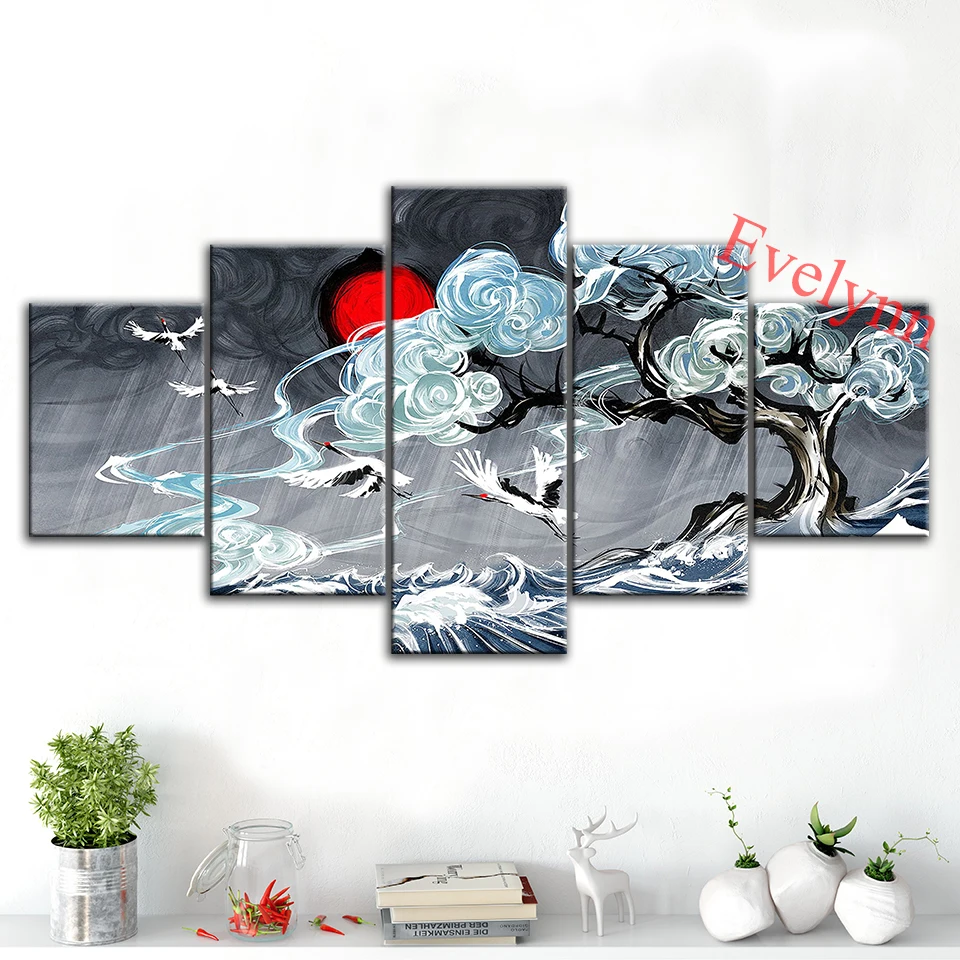 

5 Pieces Japan Vintage Waves，Clouds，Crane Modern Canvas Hd Wall Art Print Modular Pictures for Living Room Home Decor Painting