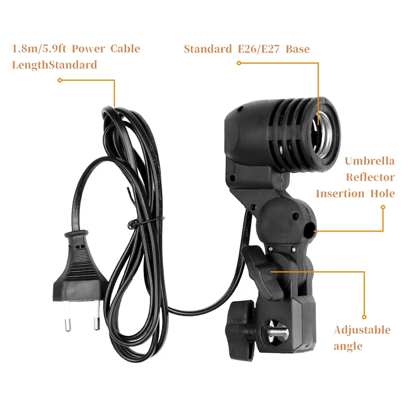 1.8m E27 Cable Cord Light Bulb Stand Photography Light Lamp Holder  AC Socket with Umbrella Holder Bulb Mount For Photo Studio