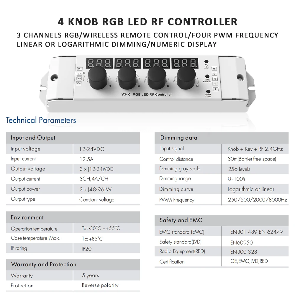 LED RGB Controller 12v DC 24v 3CH 12A PWM 2.4G RF Wireless Remote Control for 4 Pin 5050 2835 LED Strip Light RGB Controler V3-K