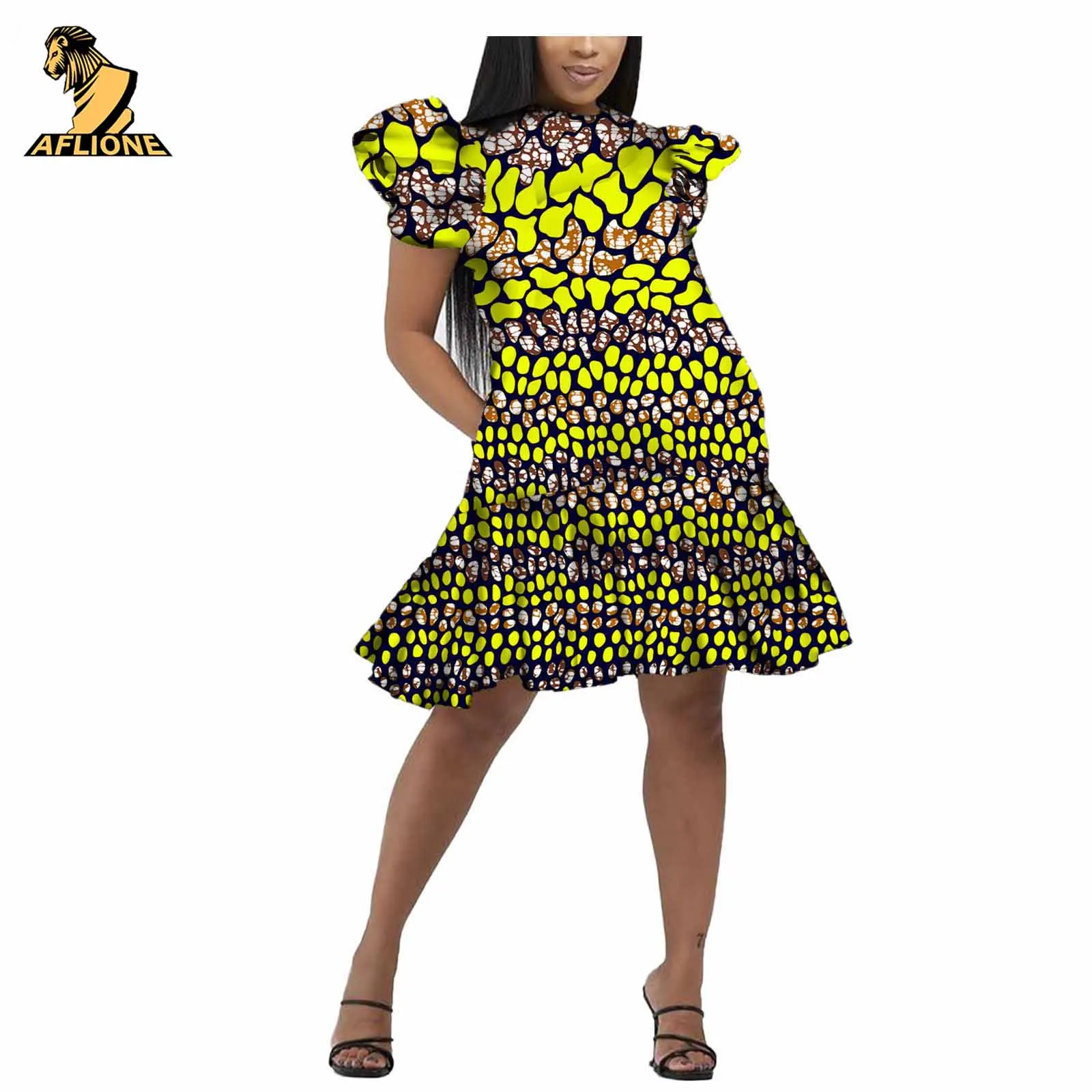 African Women Ankara Clothes Wax Printed Short Sleeve Knee-Length Cotton Dress wIth Pocket for Party v2125043