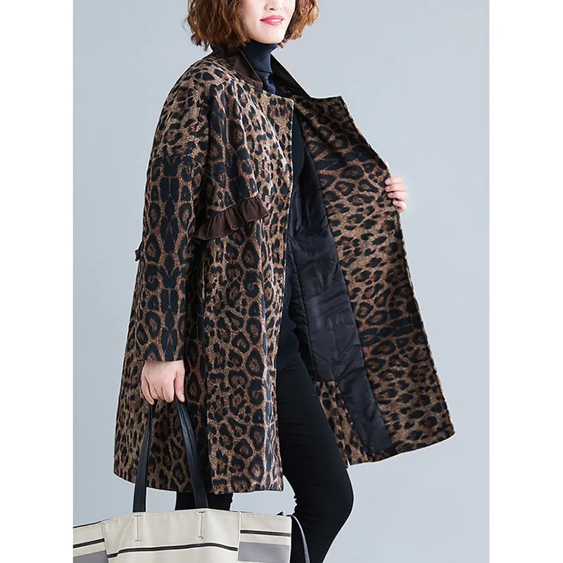 Leopard Print Women\'s Jacket Autumn Winter Mid-Long Blended Woolen Quilted Keep Warm Coat Fashion Ladies Woolen  Outerwear 2022