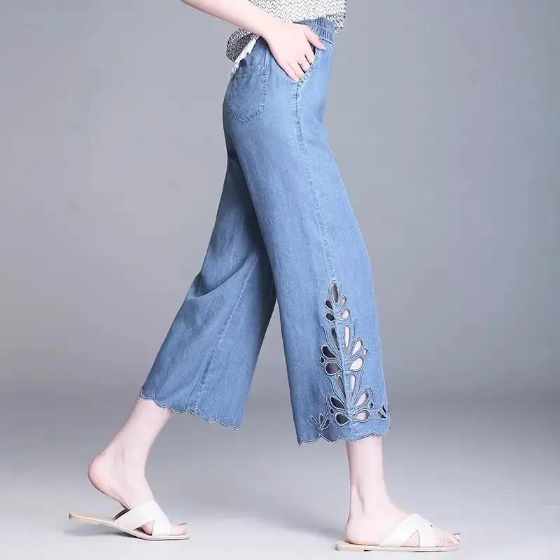 2023 Summer Autumn New Micro Horn Women\'s Leg Pants Ladies Denim Cropped Pants High Waist Drape Hollow Fashion Blue Jeans