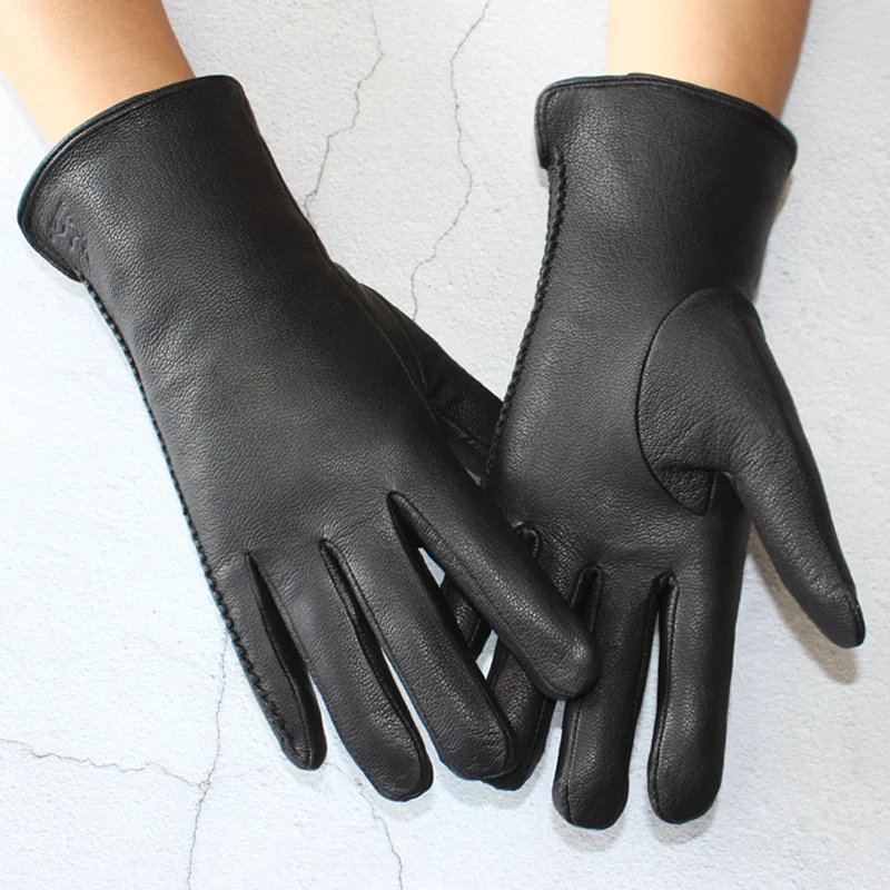 New Women\'s Black Deerskin Gloves Thick Wool Lining Winter Warm Genuine Leather Gloves Two Styles