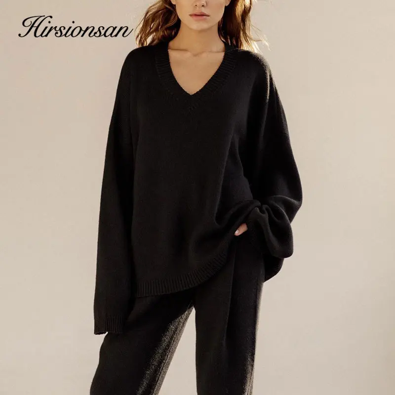 Hirsionsan V Neck Cashmere Sweater Women 2023 Autumn New Elegant Knitted Casual Pullovers Loose Soft Female Jumper Lazy Oaf