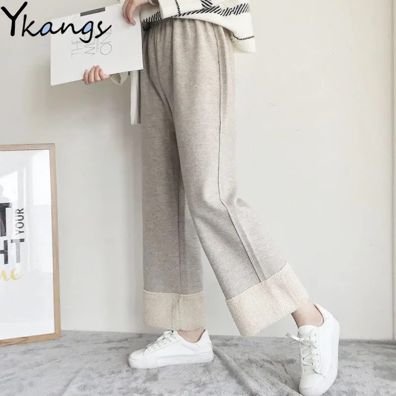 

Women Pants Faux Lamb Wool Winter Straight Wide Leg Pants Casual High Waist Thick Loose Streetwear Winter Sweatpants Female 2020