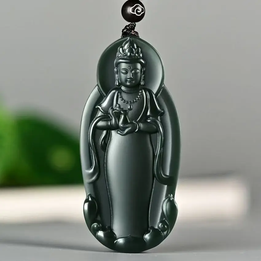 Famous Bodhisattva Pendant Angel Amulet Kwan-yin Netsuke Mascot Blessing He Tian Green Jade