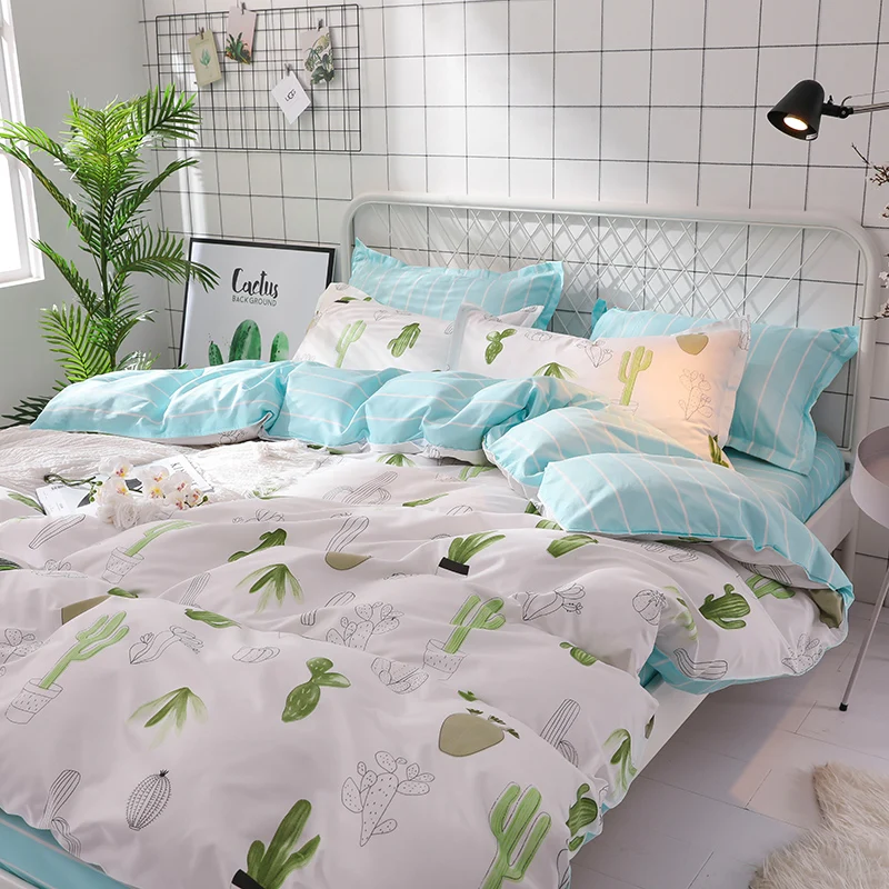 Bonenjoy Green Cactus Bedding Set Queen Size Plant Home Bedding Sheet Single Bed Linen ropa de cama King Bed Set Duvet Cover